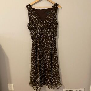 Brown & green polka dot midi dress, ruched waist, V-neck, sleeveless, size 12